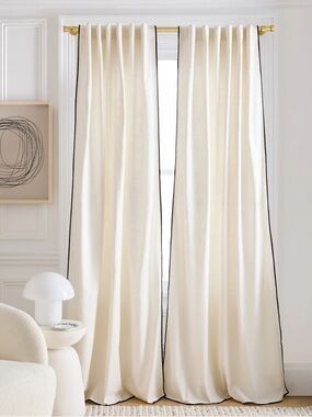 NWT QUINCE Set Of 2 48x96 Piped Edge Cotton Curtains Ivory/Black Piping 7613